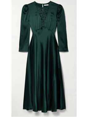 NWT DÔEN Heirloom Melinda Embroidered Silk-Satin Midi Dress in Alpine Green L!
